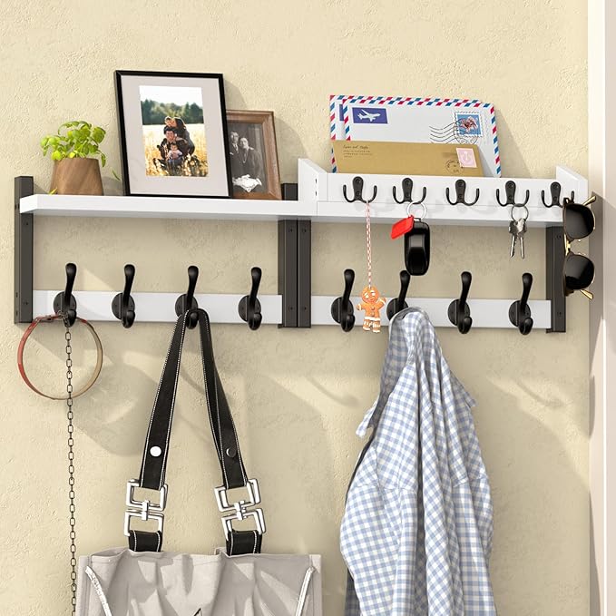 35'' White Coat Rack Wall Mount with Shelf, Solid Wood Coat and Key Hanger with 13 Metal Hooks, Farmhouse Wall Organizer for 