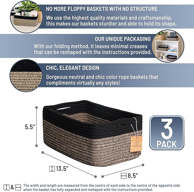 NaturalCozy 13.5”x8.5”x5.5” Rectangle Storage Baskets for Shelves 3 Pack | Cotton Rope Woven Small Baskets for Organizing | S