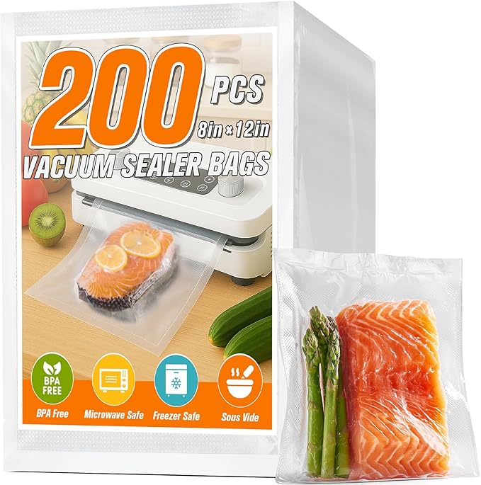 FUNFERY Precut Vacuum Sealer Bags for Food, 200 Quart 8" x 12", Food Long-Term Storage and Sous Vide Commercial-Grade Bag, BP