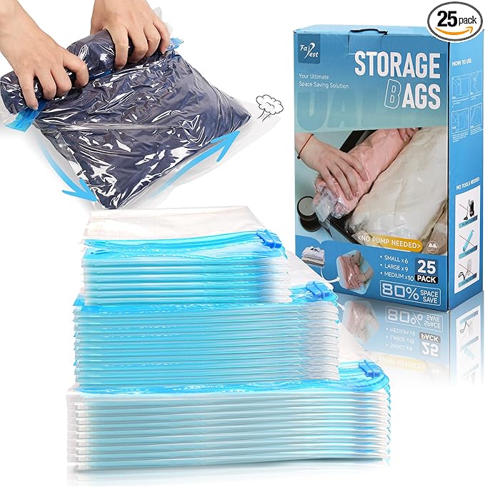 Compression Bags for Travel - Travel Essentials - 25 Pack Space Saver Bags - No Vacuum Needed - Compression Packing Bags for 