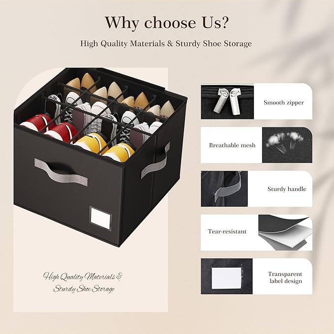 Criusia Shoe Organizer for Closet, Foldable Shoe Storage Organizer with Clear Cover and Sturdy Handles, Fit 12-16 Pairs, Clos