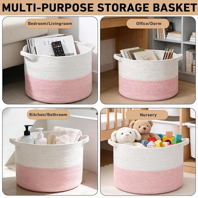 115L Extra Large Pink Woven Cotton Rope Basket with Handles, Kids Nursery Laundry Hamper for Toys, Blankets, Pillows & Comfor
