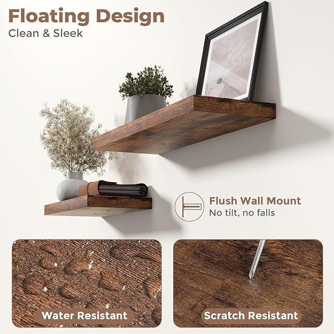 40 Inch Floating Shelves for Wall Set of 2, 8"D Wood Grain Bathroom Shelves with Invisible Brackets, Easy Install Engineered 