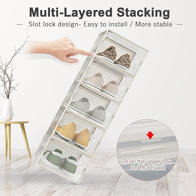 Kuject Large Shoe Organizers Storage Boxes for Closet, 12 Pack Clear Plastic Stackable Storage Bins with Lids, Under Bed Shoe