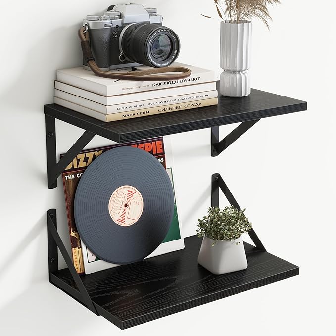 8" Deep Floating Shelves for Wall,16 inch Wood Wall Shelves Set of 2,Wide Floating Bookshelf with Sturdy Metal Brackets,Hangi