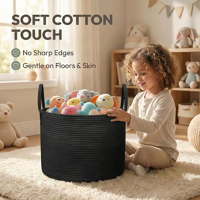 JMvicyroam 65L Extra Large Blanket Basket for Living Room - Woven Cotton Rope Laundry Hamper with Reinforced Handles - Storag