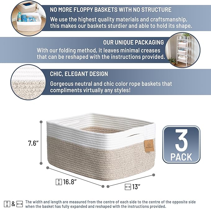 NaturalCozy Storage Baskets 16.8”x13”x7.6” Cotton Rope Woven Baskets for Organizing 3-Pack | Toy Storage Bins | Basket for Sh