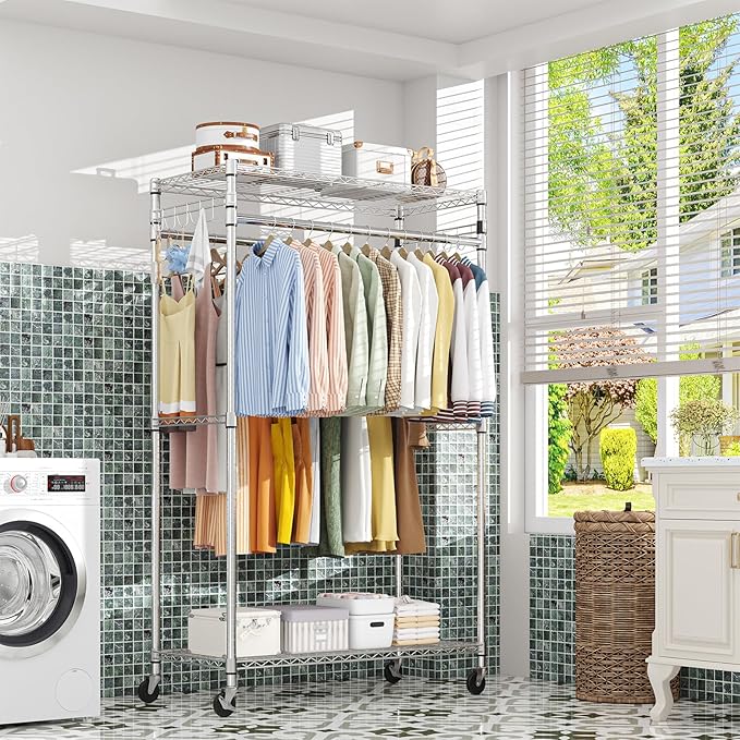 Simple Trending Rolling Clothes Rack, Clothing Rack, Garment Racks for Hanging Clothes, Freestanding Portable Closet Organize