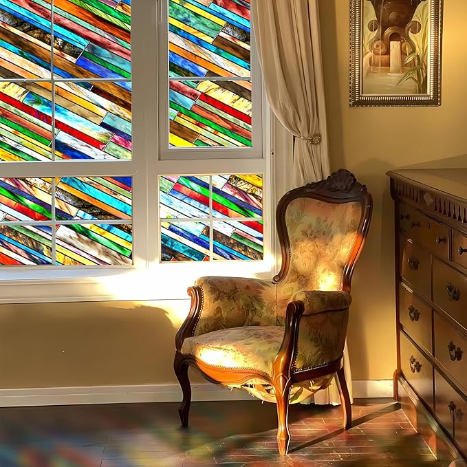 SUNBABY Stained Glass Window Privacy Film: 3D Decorative Vintage Static Clings, Day and Night Privacy, Renter-Friendly Non-Adhesive Sticker for Home Bathroom Door Window Coverings,16.9 x 39.4 Inch