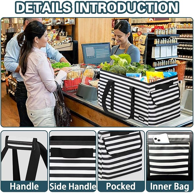 Standing Extra Large Utility Tote Bag with Hard Bottom & Hard Sides, Heavy Duty Reusable Grocery Bags with Handles & 3 Pockets for Shopping, Picnics, Camping, Laundry, Car, Beach Tote Bag
