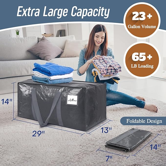 6 Pack Extra Heavy Duty Large Moving Bags with Strong Zipper & Comfortable Handles, Sturdy & Durable Clothes Storage Bags Tot