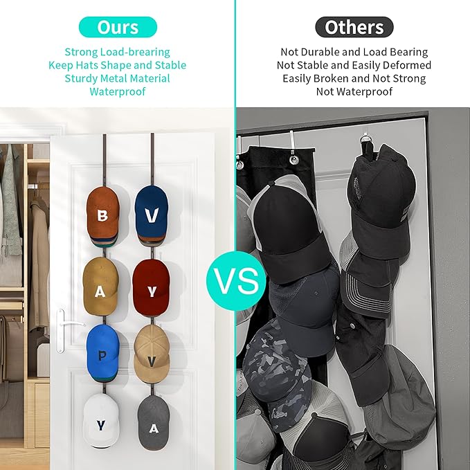 HapiRm Over Door Hat Rack - 4 Packs Metal Hanging Hat Organizer with 16 Hooks Design, Baseball Cap Hanger Organizer Storage H