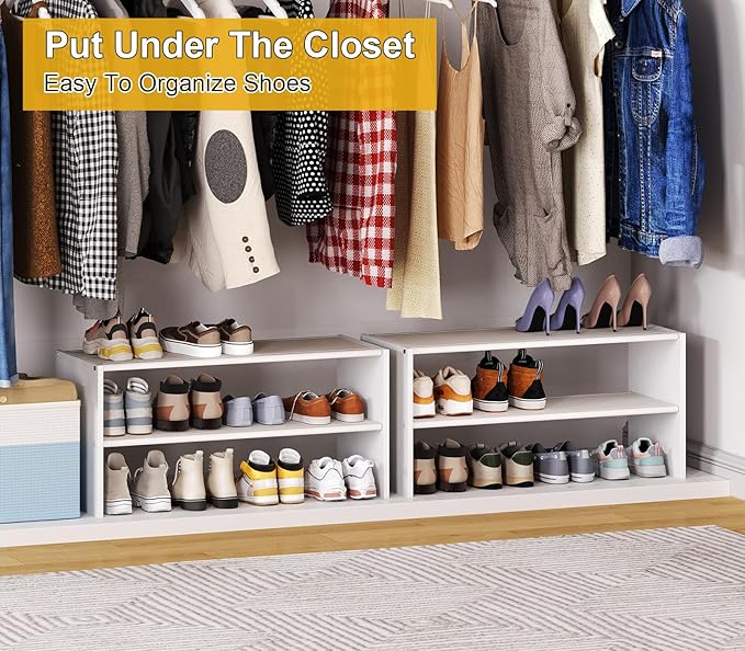 2 Pack 2 Tier Small White Shoe Rack For Closet, Stackable Shoe Shelf Organizer for 18 -24 Pairs of Shoes, Small Shoe Storage 
