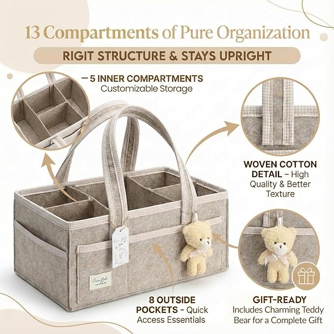 PeraBella Baby Diaper Caddy Organizer, XL Baby Basket Shower Gift Caddy, Portable Felt Changing Table Basket, Nursery Storage