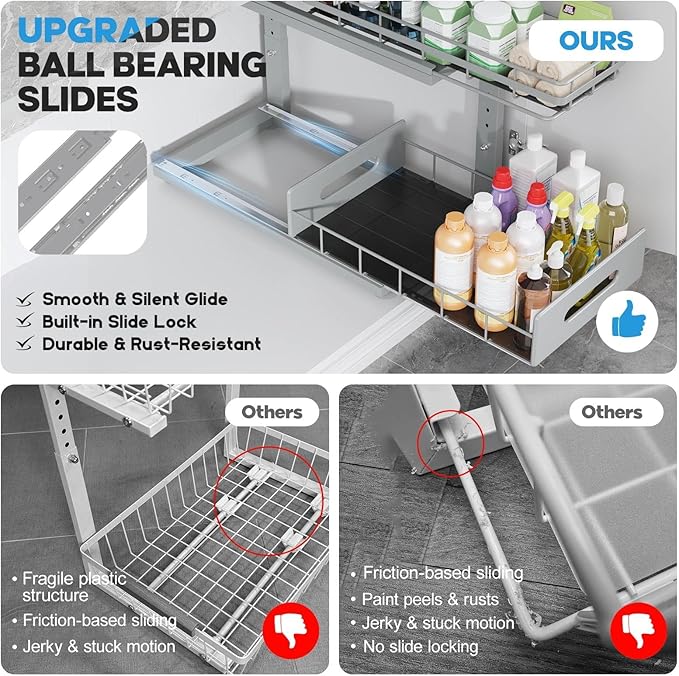Under Sink Organizer Upgrade To Professional Rails,2-Tier Dual Pull Out Cabinet Storage,Height Adjustable Slide Out Drawers F