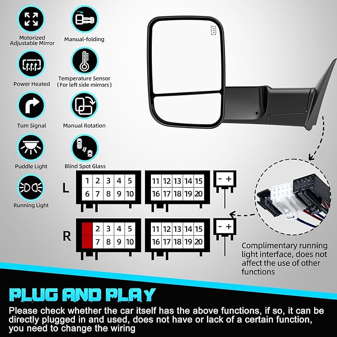 Power Heated Tow Mirrors Compatible with 2019-2024 Dodge Ram 1500 Only (Not fit Classic), Manual Flip & Fold Tow Side Mirrors w/Blind Spot Detection, Turn Signal, Puddle Light, Temp Sensor