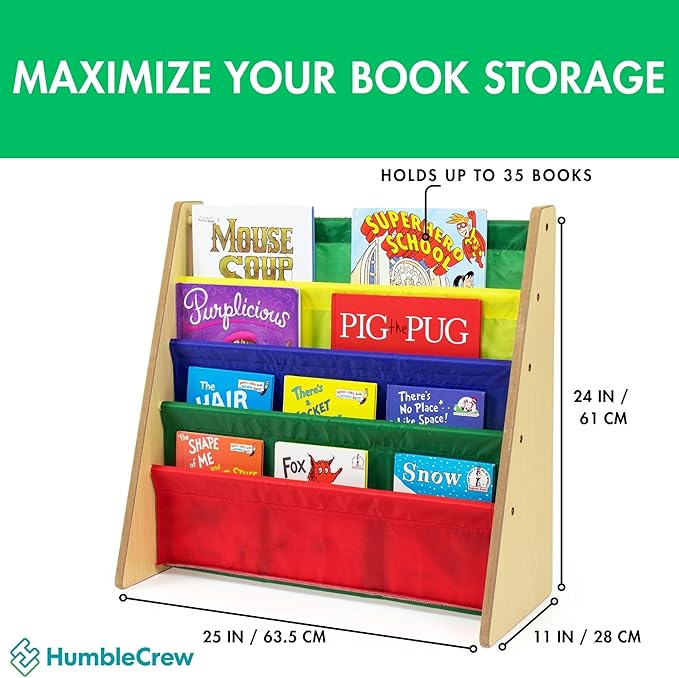 Humble Crew 4-Tier Kids Bookshelf, Natural Wood/Primary - Premium Book Shelf for Kids Rooms with Four Deep Pockets - Toddler 