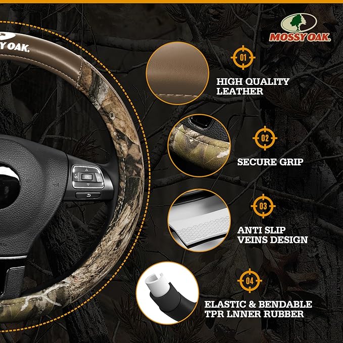 Mossy Oak Camo Steering Wheel Cover, Durable Grip Car Steering Cover, Universal Fit 14.5"–15.5" - Made with Premium Beige PVC