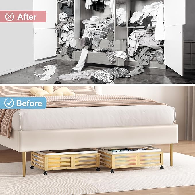 Under Bed Storage Containers With Wheels - 2 Pcs Bamboo Wood Rolling Underbed Shoe Storage Bins With Dust Bags for Clothes Bl