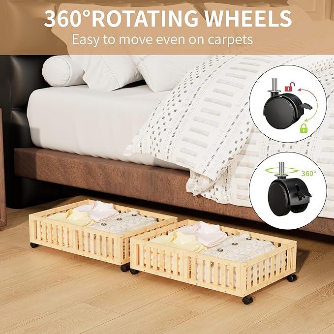 Bamboo Under Bed Storage with Wheels,Rolling Underbed Shoe Organizer Box for Shoes,Blankets,Toys,Clothes Container Space-Savi