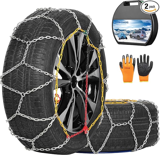 Snow Chains, Wear-Resistant High Carbon Steel Anti Slip Tire Chain for Passenger Cars, Pickups, and SUVs, Set of 2 (KN120)