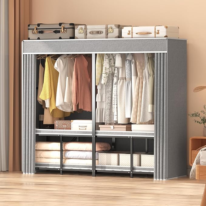 Foldable Wardrobe Closet, Clothes Rack with Cover for Bedroom, Portable Metal Closet Organizer, Thick Steel Tubes, Heavy Duty