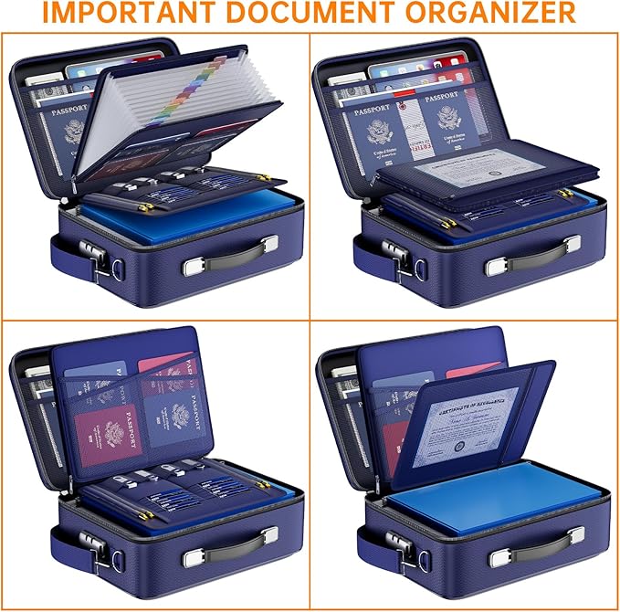 DocSafe Fireproof Document Box with Lock＆Shoulder Strap,Hard Case File Organizer with Accordion File Folder,Multi-Layer Porta