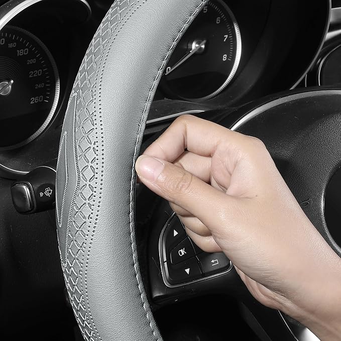 Red Rain Gray Cowhide Steering Wheel Covers Genuine Leather Car Steering Wheel Cover Universal 15inch / Size M Wheel Cover for Car SUV Truck (C-Gray-M)