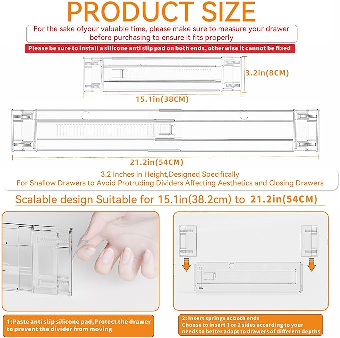 Yieach 8 Pack Clear Expandable Deep Drawer Separators From 15 to 21'' - 3.2 Inch Tall Acrylic Drawer Dividers for Clothes,Dre