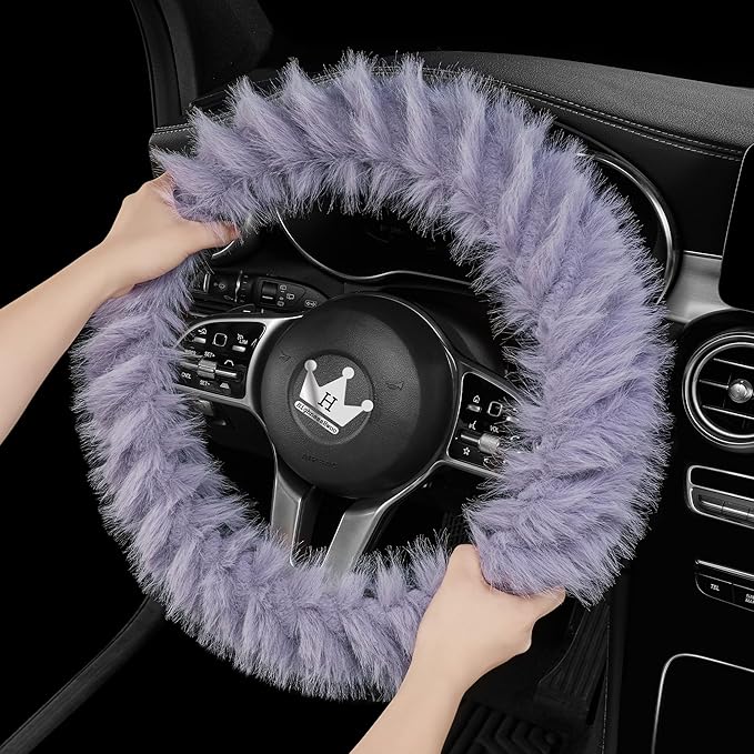 Fuzzy Winter Steering Wheel Covers for Women, Warm Cute Fluffy Car Wheel Cover for F150, Truck, Jeep, Van, Soft Furry Auto Plush Large Car Handle Cover for Cold Weather, 15.2-16in, Purple