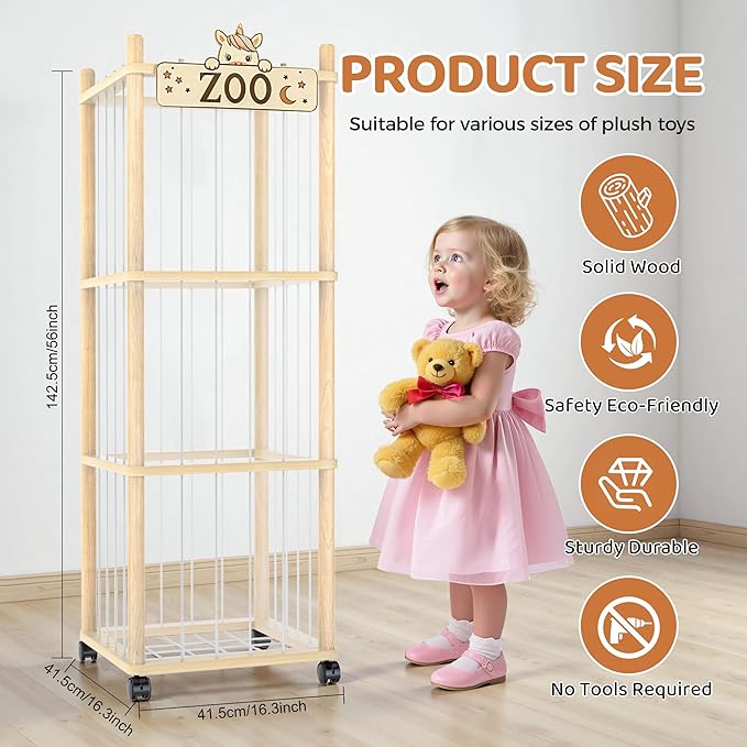 Stuffed Animal Storage Zoo Tower,56In Wooden Large Stuffed Animal Holder Organizer with Wheels,Stuffy Plushies Storage with E