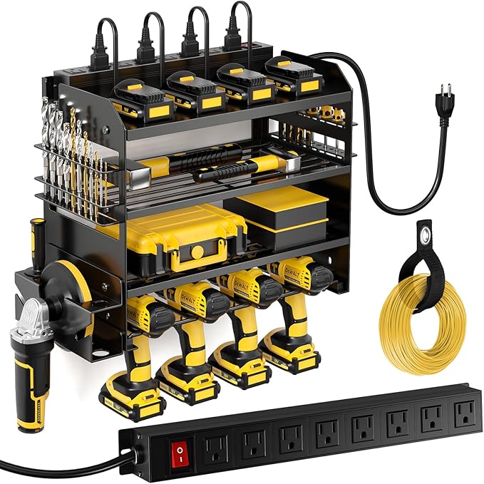 POKIPO Power Tool Organizer Wall Mount with Charging Station,Tool Storage Rack with 8 Outlet Power Strip,Heavy Duty Metal Bat