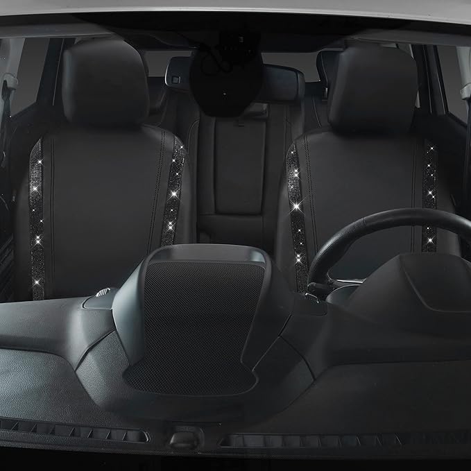 CAR PASS Leather Bling Diamond Car Seat Covers 2 Front Interior Sets, Waterproof Universal Shining Glitter Crystal Sparkle Fit for 95% Automotive Truck SUV Cute Women Girl, Black Rhinestone