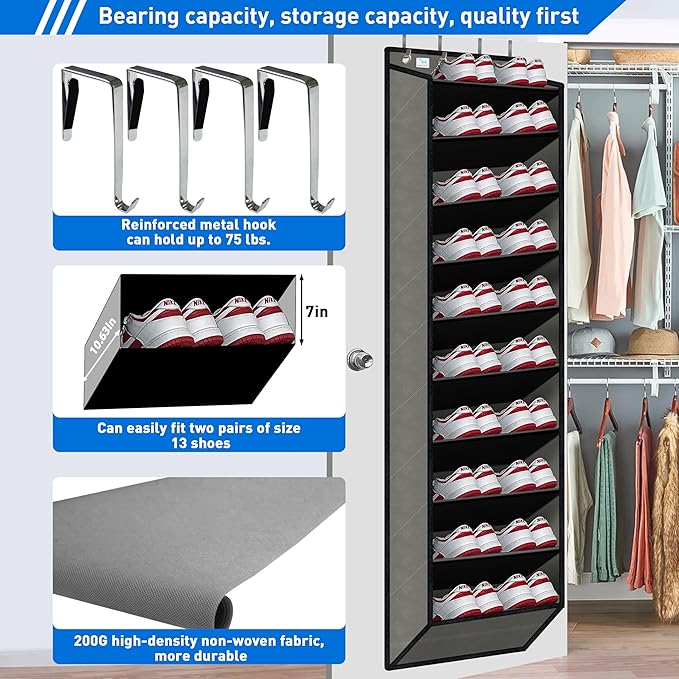 [Improve Over The Door Shoe Organizer, Extra Large 10 Tiers, Over Door Shoe Organizer, Coated Hooks Grip Firmly Without Scrat