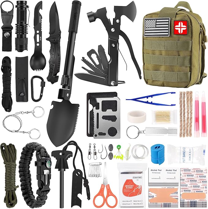 Emergency Survival Kit and First Aid Kit, 142Pcs Professional Survival Gear and Supplies Equipment with Molle Pouch, Gift for
