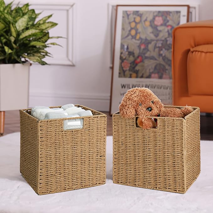 Vagusicc Wicker Baskets, Set of 2 Hand-Woven Storage Baskets for Shelves with Handles, Foldable Cube Wicker Storage Basket Bi