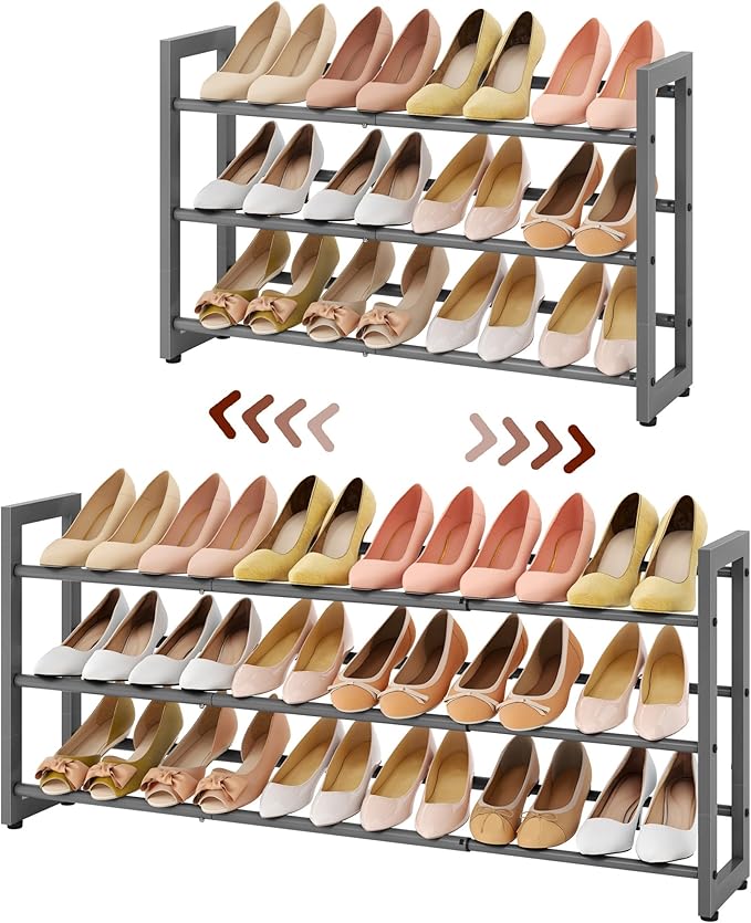 FAVOOSTY 3-Tier Expandable Shoe Rack, Adjustable Shoe Shelf Storage Organizer Space Saving Metal Free Standing Shoe Rack for 