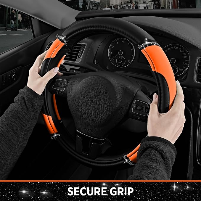Road Comforts Leather Steering Wheel Cover - Made with PVC Leather - Anti-Slip, Universal Fit 14 1/2 inches to 15 inches - Or