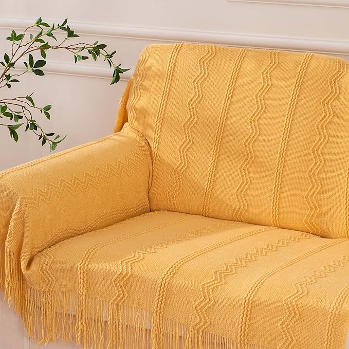 BATTILO HOME Mustard Throw Blanket with Fringe Geometric Bed Yellow Throws Summer Breathable Decorative Large Throw for Couch