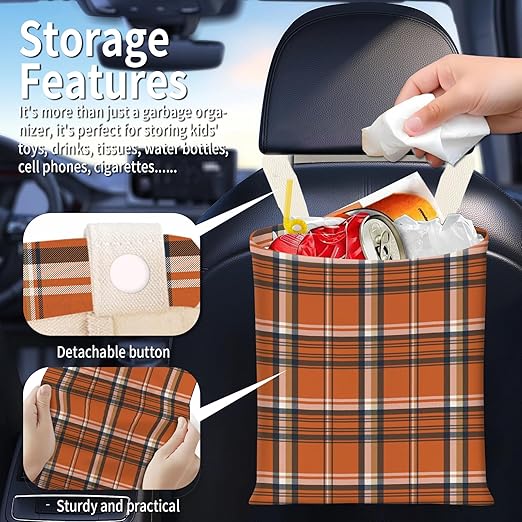Hanging Car Garbage Bag, Cute Car Trash Can Bag, Automotive Accessories for Women Men Orange Blue Buffalo Plaid