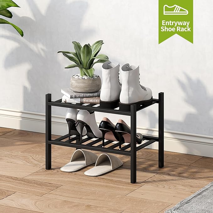 BMOSU 2-Tier Bamboo Small Shoe Rack Premium Stackable Shoe Shelf Storage Organizer for Hallway Closet Living Room Entryway Or