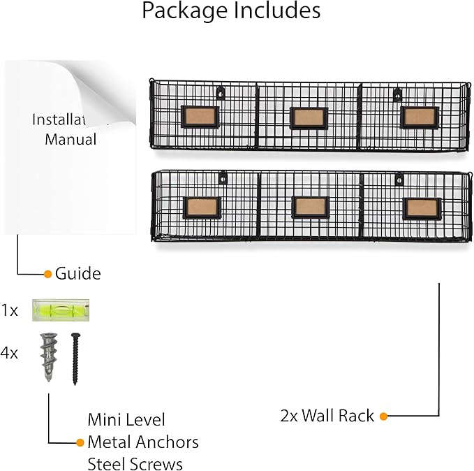 Wall35 Amalfi Hanging File Folders Office Desk Organizer Wall Mount Wire Basket Storage Magazine Holder 3 Sectional Set of 2 