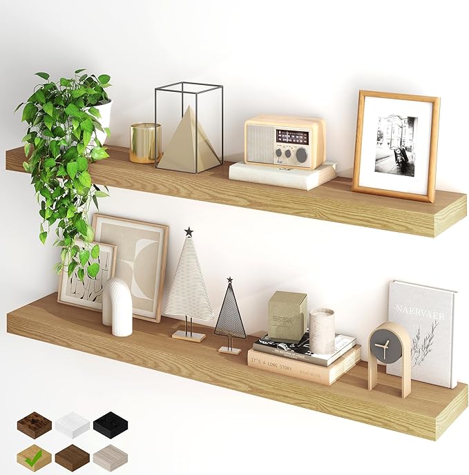 Fun Memories Floating Shelves for Wall, 48Inch Floating Shelves Set of 2, Hanging Shelf with Invisible Brackets, Wood Shelves