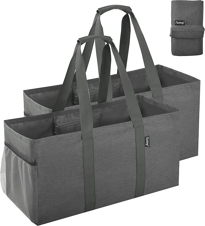 Finnhomy 42L Extra Large Utility Tote Bag, Oxford Fabric Reusable Folding Grocery Bags with Handles and Pockets, 2 Pack