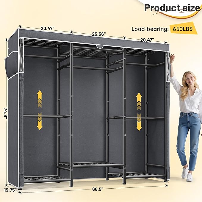 Raybee Clothes Rack with Cover,Portable Closet Heavy Duty,Metal Clothing Racks for Hanging Clothes Adjustable for Bedroom 66.