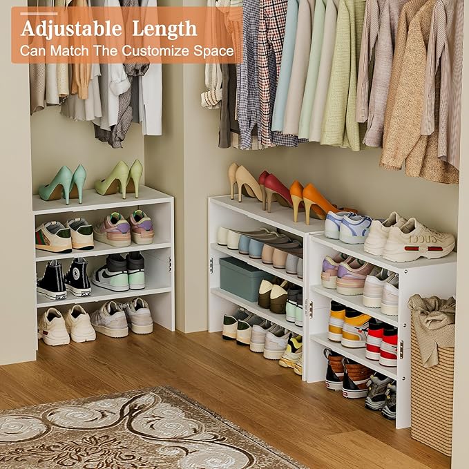 White Shoe Rack Organizer for Closet, 3-Tier Expandable Shoe Shelf, Stackable Iron Wood Combination Shoe Racks Shelves for Cl