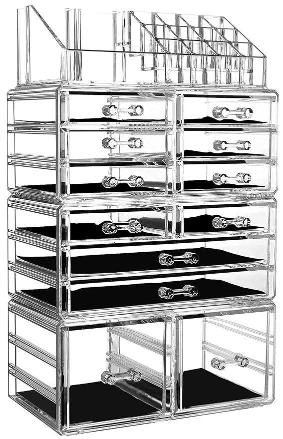 Cq acrylic 4 Pack Clear Makeup Organizer Countertop,Stackable 12 Drawers Skincare Organizer,Cute Skin Care Organizer for Vani
