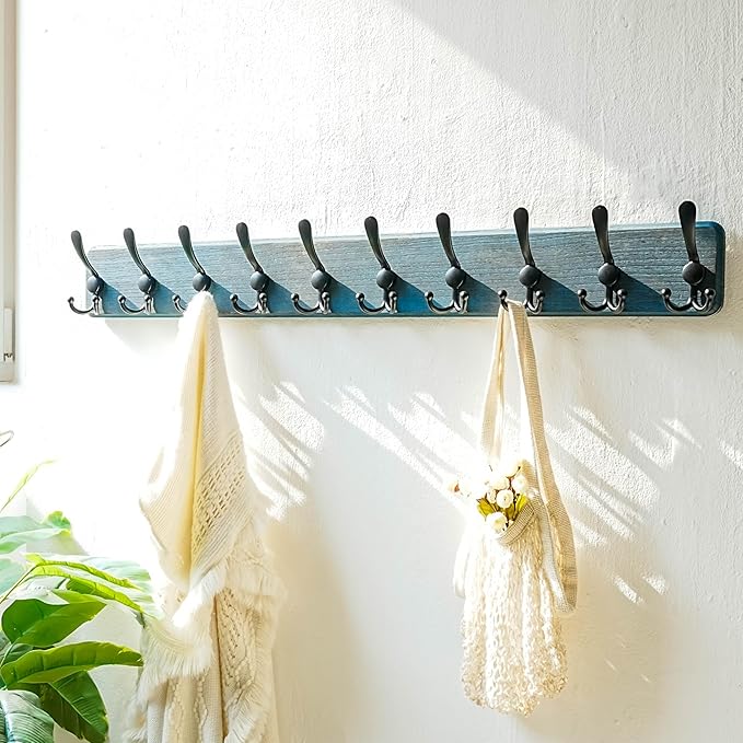 Dseap Coat Rack Wall - Heavy-Duty 38-1/4" Long, with Reinforced 10 Custom Tri-Hooks, Solid Wood Wall Hanger for Coats Hat Jac