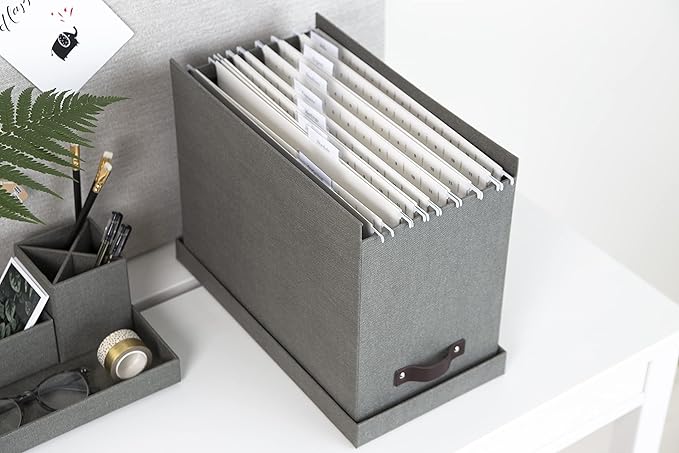 Bigso Box of Sweden File Organiser Storage with Stylish Leather Handle - Scandinavian Look Organiser Box Including 8 Hanging 