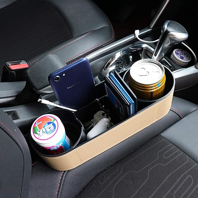Car Seat Organizer Cup Drink Holders,Multifunctional Gap Filler Storage Box,Insert Organization Helps Reduce Distracted Driving&Holds Phone Mount Mug Bottle Cellphones Coasters Wallet Cards (Beige)